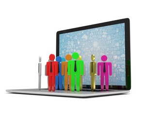 group of people figures on laptop, 3d render