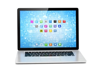 3d rendering of a laptop with blue wallpaper with app icon