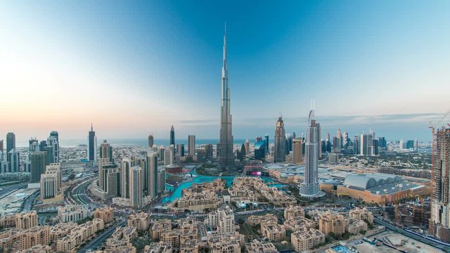 Dubai Downtown day to night timelapse view from the top in Dubai, United Arab Emirates