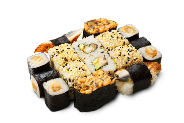 Set of sushi, maki and rolls isolated at white