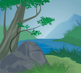 Naklejka premium Beautiful river and mountain forest,vector nature landscape background