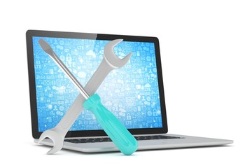 3D Illustration Wrench and screwdriver on laptop, service concept