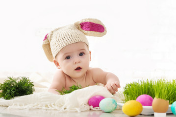 Little boy dressed bunny studio easter concept