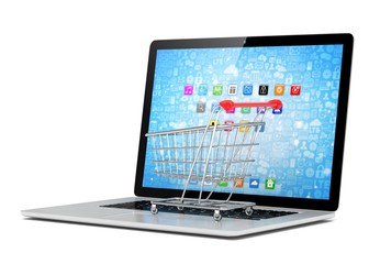 Shopping cart on laptop. 3d rendering.