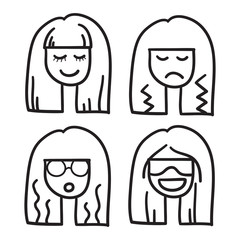 Woman face vector icon hand drawn doodle illustration black lines, nice hair girl eyes closed..