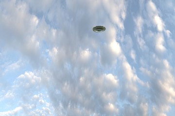 Saucer Ufo on Sky with Clouds in Motion. Nice 3D Rendering
