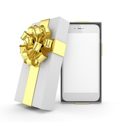 Smartphone in gift box. Isolated on white background. 3d rendering.
