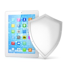 Tablet PC and shield on white device security concept. 3d rendering.