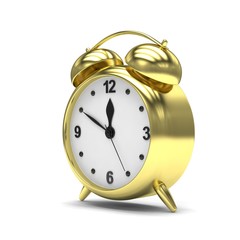 Gold alarm clock on white. 3d rendering.