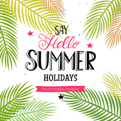 Fototapeta na wymiar Hello Summer lettering with palm leaves