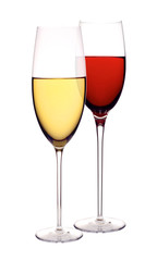 Wineglasses with white and red wine on white