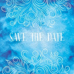 Blue Vector Watercolor Card with Swirl Ornament 