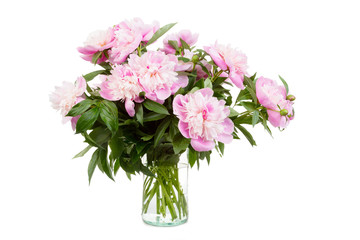 Big bouquet of pink peonies in a transparent vase, it is isolated, a white background