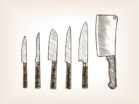 Knife Set Hand Drawn Sketch Style Vector