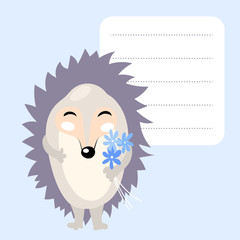 cute cartoon hedgehog with blue flowers and frame for text. Template for school accessories, scrapbook,cards, notebooks, diary, decals.