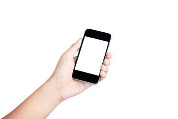 Female hand holding phone isolated with clipping path inside