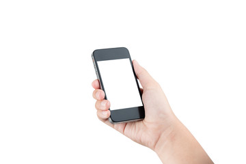 Female hand holding phone isolated with clipping path inside