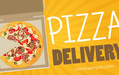 Pizza box vector advertisement banner. Pizza box delivery 