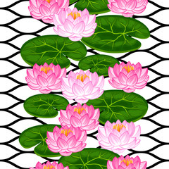 Natural seamless pattern with lotus flowers and leaves. Background made without clipping mask. Easy to use for backdrop, textile, wrapping paper