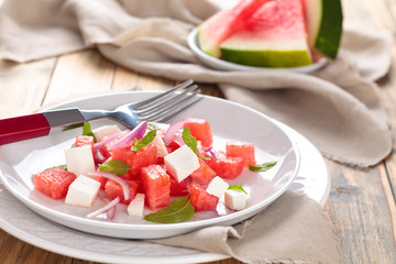 Watermelon salad with mint.