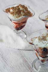 Delicious vanilla parfait with cherry jam and chocolate