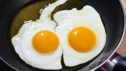 close up two fried eggs on black pan