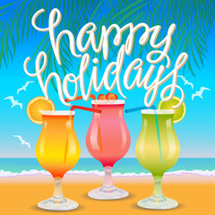 Summer Sale Vector Illustration. Text with drinks and a beach background with palm leaves.