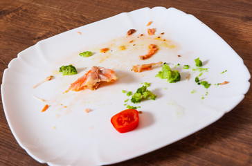 dirty dishes on wooden table