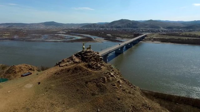 An aerial view flying over the river Selenga, Ulan-Ude