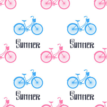 Vector summer seamless pattern. Bicycles and hand lettering summer.