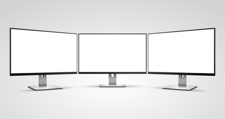Three Computer Monitors with Ultra-thin display border with blank white screen Mockup
