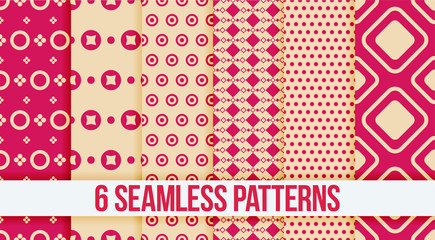 Six pink Seamless geometric patterns