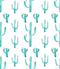 Watercolor cactus seamless pattern. Colorful vibrant turquoise cactus succulents