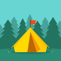 Camping tourist tent on forest landscape vector illustration, forest camping concept, hiking, tourism, journey flat cartoon, forest camp image, tourist tent design