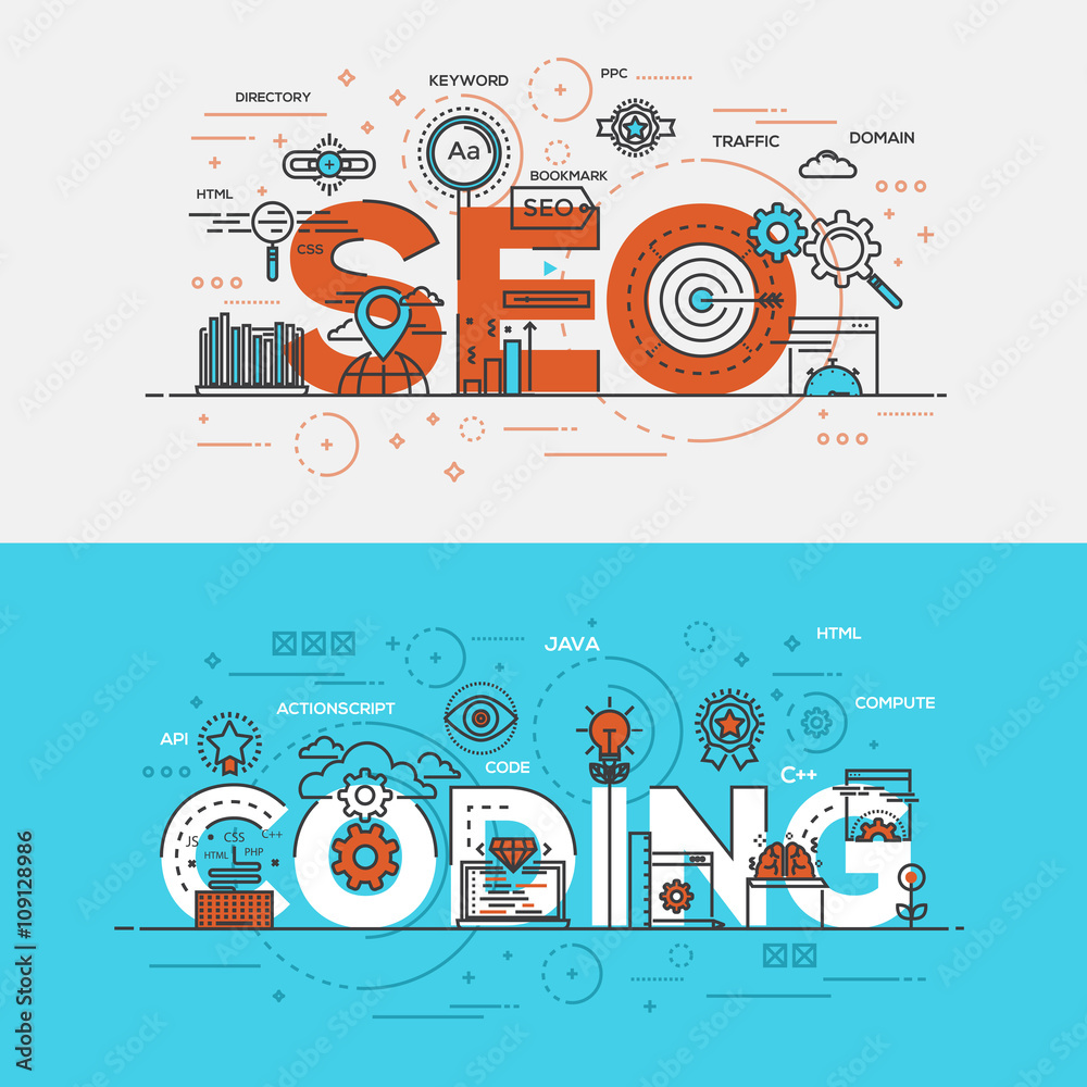 Wall mural flat design line concept banner- seo and coding