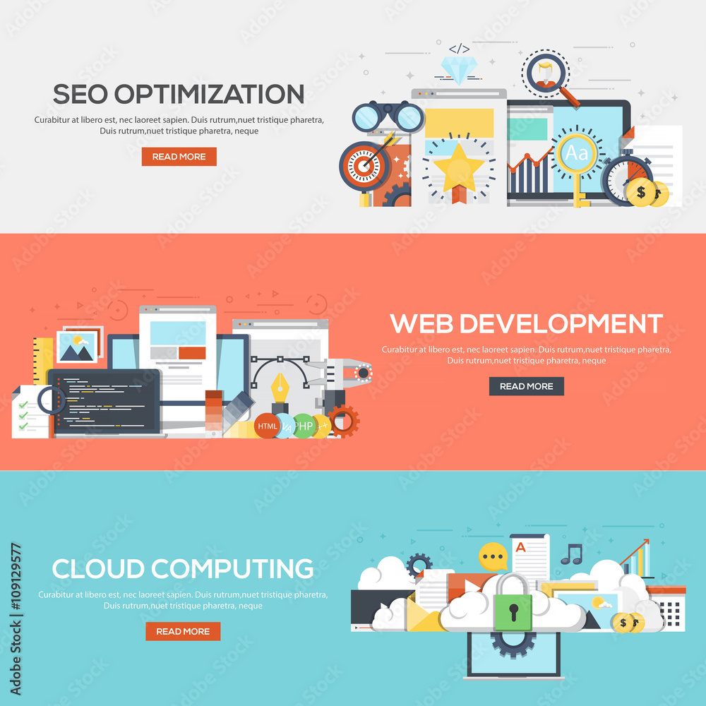 Wall mural flat designed banners- seo, web development and cloud computing