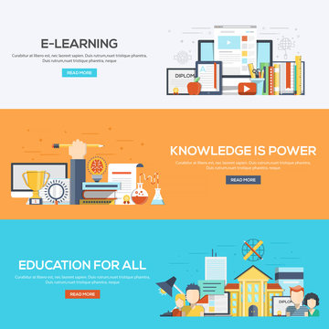 Flat designed banners- E learning, Knowledge is power and Educat