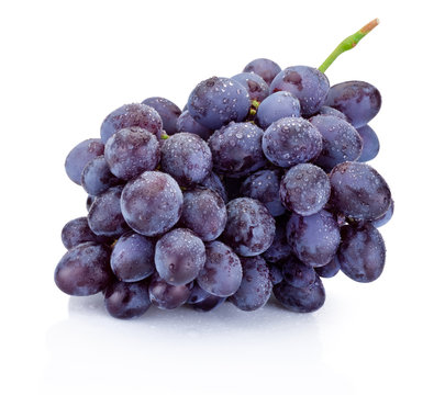 Wet bunch of blue grapes isolated on white background