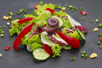 Salad with octopus baby corn and vegetables on a stone plate