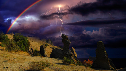 On The Cliffs Of The Kara Dagh.Rainbow, thunder and lightning/Crimea, near Koktebel. Shore Of The...