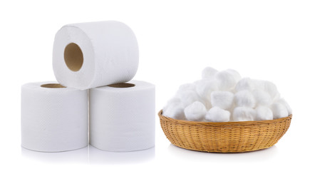toilet paper and cotton in the basket on white background