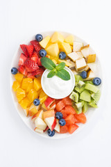 ingredients for fruit salad and natural yoghurt, vertical