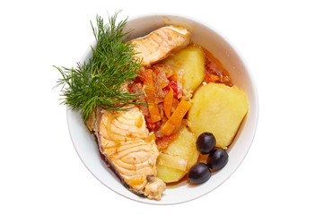 Fish dish in a plate on a white background