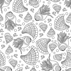 Collection of seashells drawn in line art style on white background. Ocean seamless pattern. Adult coloring book
