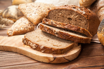 Bread assortment on wooden surface