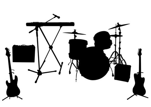Silhouettes of musical instruments isolated on white background. Vector illustration