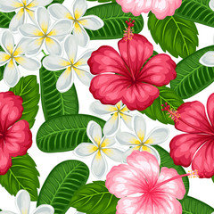 Seamless pattern with tropical flowers hibiscus and plumeria. Background made without clipping mask. Easy to use for backdrop, textile, wrapping paper