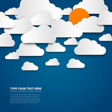 Clouds in papercut style with sun on blue sky