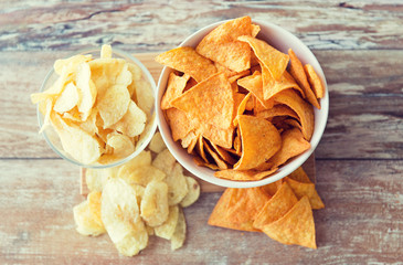 close up of potato crisps and corn nachos on table