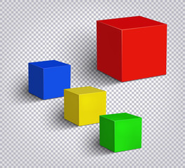 Set of multicolored empty cubes on a checkered background. 3D illustration. Isolated objects with soft shadow 